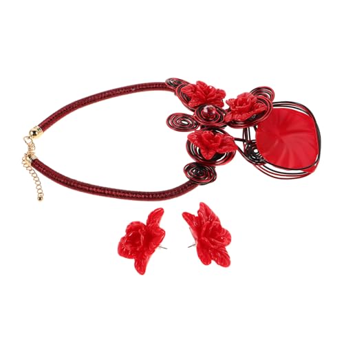 BESPORTBLE Chunky African Schmuckset Handgefertigt Rote Resin Blumen Halskette Ohrhänger Leicht und Langlebig Für Frauen Party Karneval von BESPORTBLE