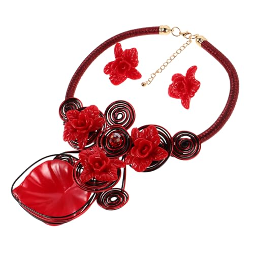 BESPORTBLE Chunky Rotes Statement Schmuckset für Frauen Handgefertigte Aluminium-draht-resin Blumen Halskette mit Passenden Roten Ohrringen Leicht Langlebig für Party Hochzeit und Alltag von BESPORTBLE