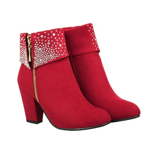 BESPORTBLE Damen Ankle Boots mit Grobem Absatz und Funkelnden Strasssteinen Komfortable Kurzschaft Stiefeletten für Herbst Winter Modische Hochzeitsschuhe in Rot Vielseitig Kombinierbar für von BESPORTBLE