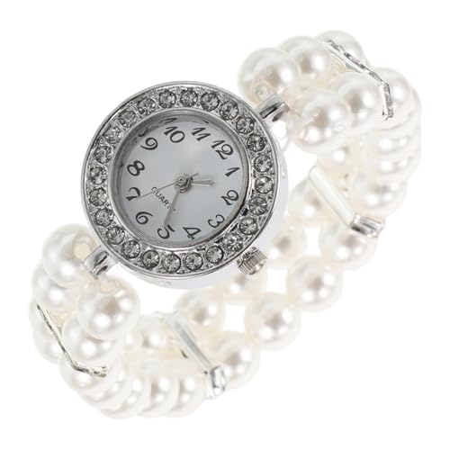 BESPORTBLE Damen Armbanduhr mit Doppelter Perlenreihe und Strassbesatz Elastisches Bangle Design Kratzfest Modisches Schmuckstück für Festliche Anlässe und Vintage für Frauen von BESPORTBLE