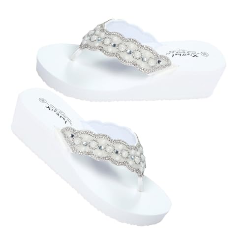 BESPORTBLE Damen Flops mit Perlen und Wassersteinen Rutschfeste Sandalen für Sommer Plateau Keilabsatz Bequeme Outdoor Strandschuhe Weiß Sommerschuhe mit Rutsch Sohle von BESPORTBLE