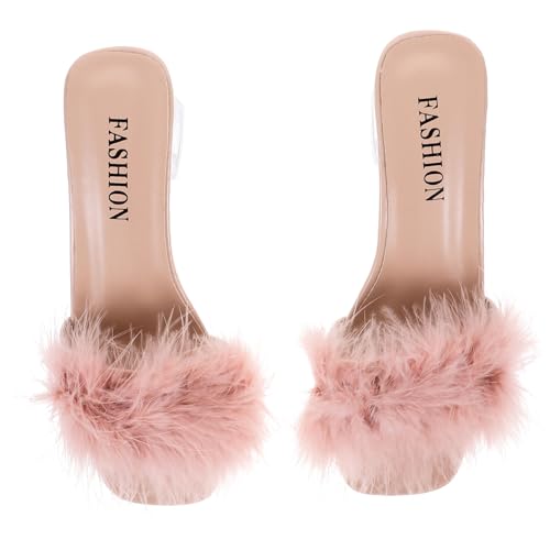 BESPORTBLE Damen Hausschuhe mit Wollbesatz Atmungsaktive Offene Zehen Sandalen Sommerliche Bequeme Chunky Heel Pantoffeln für Freizeit und Strand PU und Gummi Rutschfest von BESPORTBLE