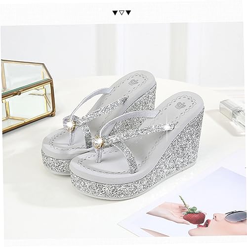 BESPORTBLE Damen High Heel Sandalen Silber mit Glitzer und Diamanten Atmungsaktive Sommerschuhe Rutschfest Elegant für Strand Freizeit und Alltag Bequeme Fußform von BESPORTBLE