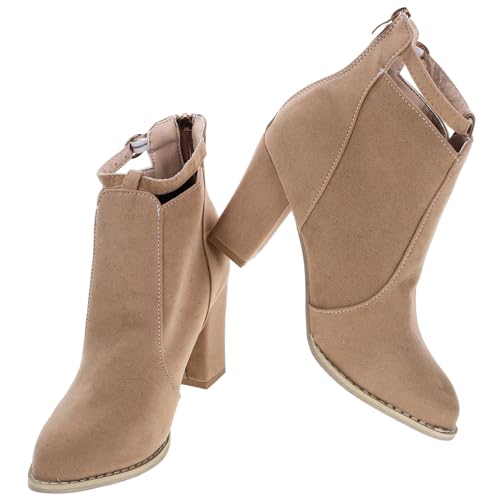 BESPORTBLE Damen High Heels Kurzstiefel mit Grobem Absatz Atmungsaktiv und Rutschfest Modische Stiefeletten für Herbst und Winter Passend zu Kleidern Röcken und Hosen Apricot von BESPORTBLE