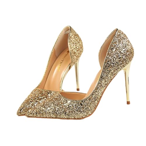 BESPORTBLE Damen High Heels mit Dünnem Absatz Spitze Zehen Seitliche Cut Outs und Pailletten Stilvolle Flache Pumps in Gold für Party Nachtclub und Festliche Anlässe von BESPORTBLE
