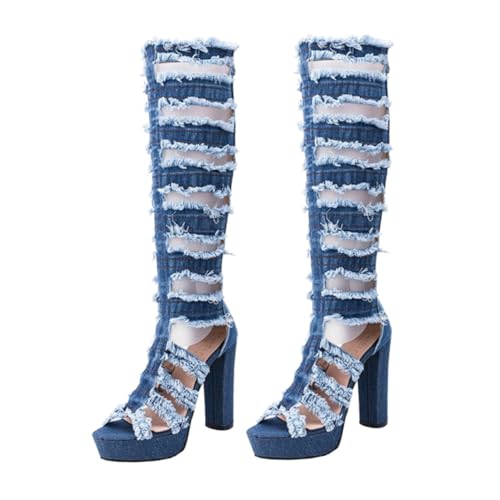 BESPORTBLE Damen High Knee Boots Sommer Langschaft Stiefeletten mit Atmungsaktivem Design und Stabilen Blockabsatz Modische Bequeme Overknee Boots für Alltag und Reisen Hellblau von BESPORTBLE