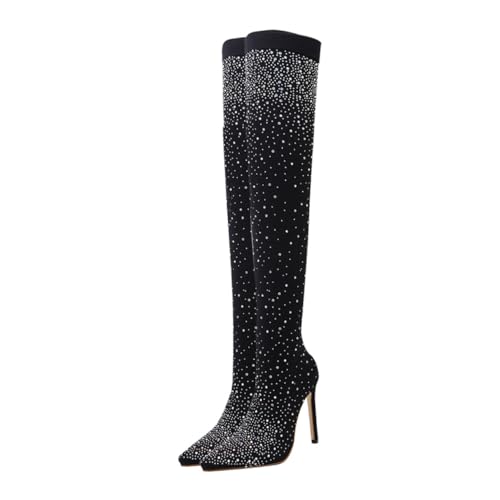 BESPORTBLE Damen High heel Stiefel mit Spitz Zulaufender Schuhspitze Funkelnden Strassverzierungen Komfortablem Tragegefühl Schwarzes Design Passend für Party Freizeit und Arbeit von BESPORTBLE
