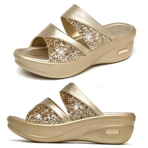 BESPORTBLE Damen Keilabsatz Sandalen Sommer Slipper mit Dicker Sohle Goldfarbene Fischmaul Optik Bequeme Outdoor Mom Schuhe Modische Casual Sommerschuhe von BESPORTBLE