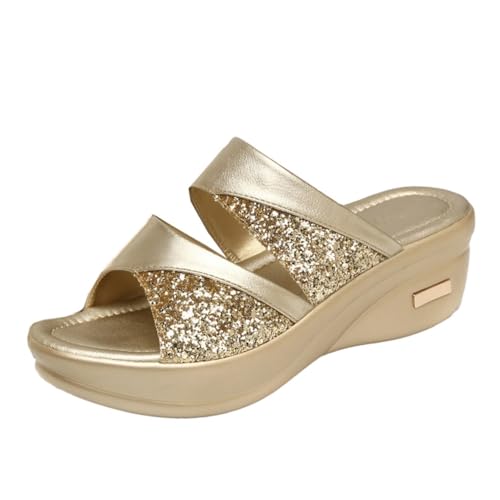 BESPORTBLE Damen Keilabsatz Sandalen Sommer Wedges mit Dicker Sohle Modische Offene Zehen Slipper für Alltag und Strand Goldfarben Bequeme Strapazierfähige Sommerschuhe von BESPORTBLE