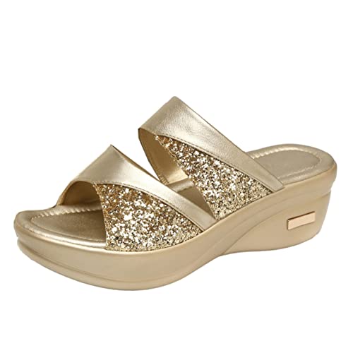 BESPORTBLE Damen Keilsandalen mit Dicker Plateau Sohle Sommerliche Offene Fishmouth Slipper in Gold Bequeme Outdoor Mom Schuhe Hausschuhe für Freizeit und Strand von BESPORTBLE