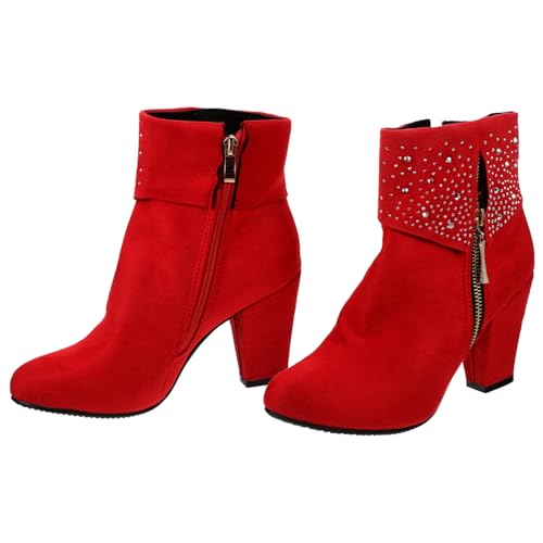 BESPORTBLE Damen Kurzstiefel mit Hohem Blockabsatz Eleganter Chic Wasserfeste Herbst Winter Boots für Hochzeit Bequeme und Leichte Ankle Boots für Damen Rote Brautschuhe von BESPORTBLE