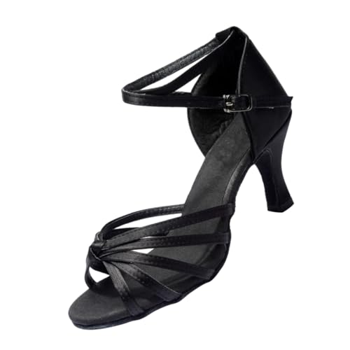 BESPORTBLE Damen Latein Tanzschuhe Satin Open Toed High Heels mit Knotendetail Stilvolle Absatzschuhe für Gesellschaftstanz Schwarz von BESPORTBLE