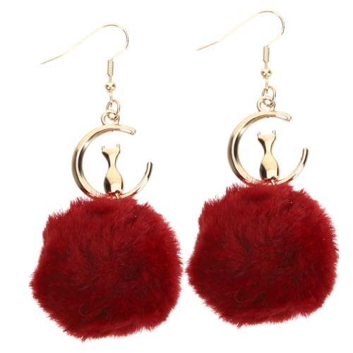 BESPORTBLE Damen Ohrhänger Katzenmotiv mit Rotem Plüschball Lange Dangle Ohrringe Modischer für Alltag und Besondere Anlässe Geschenk zu Geburtstag und Valentinstag von BESPORTBLE