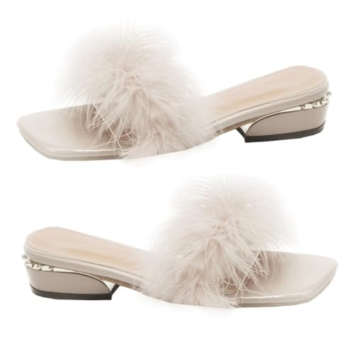 BESPORTBLE Damen Open Toe Hausschuhe mit Chunky Heel Atmungsaktive Sommer Slipper aus PU Bequeme Pantoletten für Innen und Strand Beige Modische Leichte Sandalen von BESPORTBLE