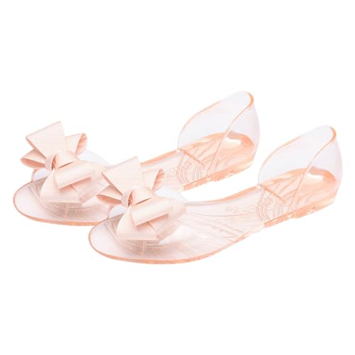 BESPORTBLE Damen Sandalen Flache Jelly Schuhe Sommer Strandschuhe mit Schleife Beige Bequeme Stylische Leichte Sandaletten für Alltag und Urlaub von BESPORTBLE