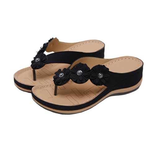 BESPORTBLE Damen Sandalen Keilabsatz Sommer Schuhe Blume PU Material Rutschfeste Strand Slipper Bequeme Sandale für Frauen Schwarz von BESPORTBLE