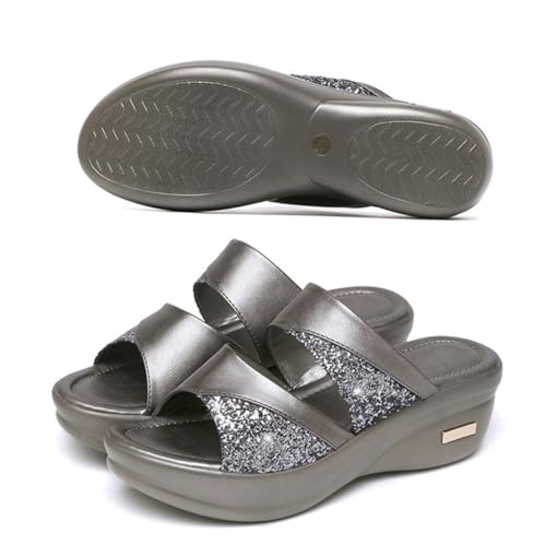 BESPORTBLE Damen Sandalen Keilabsatz Sommer Slippers mit Dicker Sohle Fischmaul Design Atmungsaktive Pantoletten für Freizeit und Strand Graue Outdoor Schuhe von BESPORTBLE