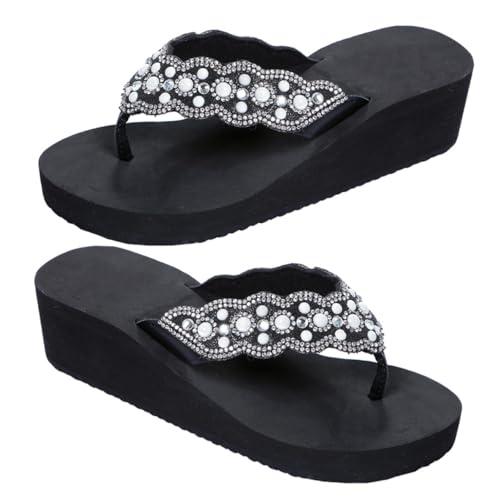 BESPORTBLE Damen Sandalen Sommer Flops mit Perlen und Strasssteinen Keilabsatz Rutschfeste Außensohle Schwarz Bequeme Strand und Outdoor Schuhe von BESPORTBLE