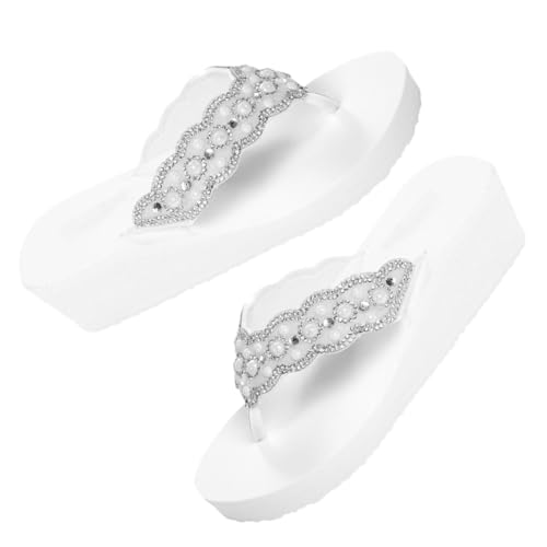 BESPORTBLE Damen Sandalen Sommer Plateau Keilabsatz Sandaletten mit Perlen und Strass Rutschfeste Badeschuhe für Strand Outdoor Weiße Sommerschuhe und Modisch von BESPORTBLE
