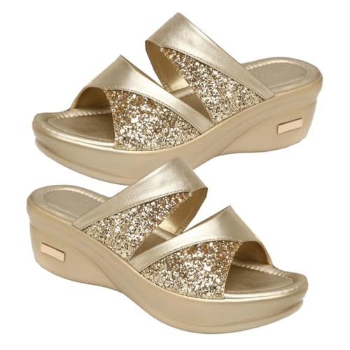 BESPORTBLE Damen Sandalen Sommer Thick Wedge Slipper mit Fischmaul Design Goldfarbene Keilabsatz Schuhe für Freizeit und Strand Bequeme Dicke Sohle Modische Mom Schuhe von BESPORTBLE