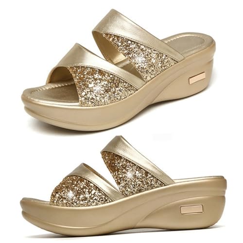 BESPORTBLE Damen Sandalen Sommer Wedge Slipper mit Dicker Keilsohle Offene Fischmaul Sandalen für Alltag und Strand Goldfarben Modisch Langlebig Einfache Handhabung von BESPORTBLE