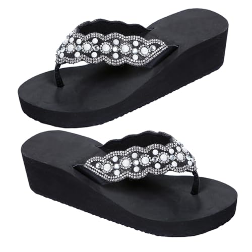 BESPORTBLE Damen Sandalen Sommer mit Perlen und Strass Keilabsatz Badeschuhe mit Rutschfester Sohle Zehentrenner für Strand und Alltag Komfortabel und Langlebig Schwarz von BESPORTBLE