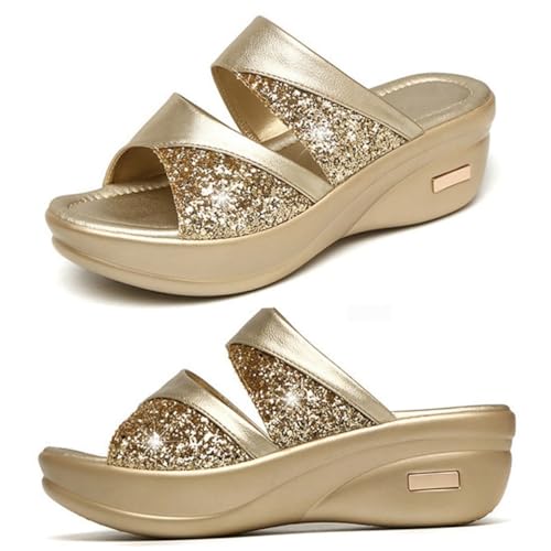 BESPORTBLE Damen Sandalen mit Dicker Keilsohle Offene Fischmaul Slipper Sommerliche Bequeme Freizeitschuhe für Frauen Goldene Outdoor Mom Schuhe Rutschfest Leicht Anzuziehen von BESPORTBLE