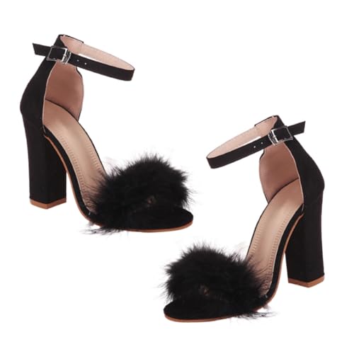 BESPORTBLE Damen Sandalen mit Klobigem Absatz Offene Zehen Künstliche Wollverzierung Bequeme Sommer High Heels Modische Damenschuhe für Party und Freizeit Schwarz von BESPORTBLE