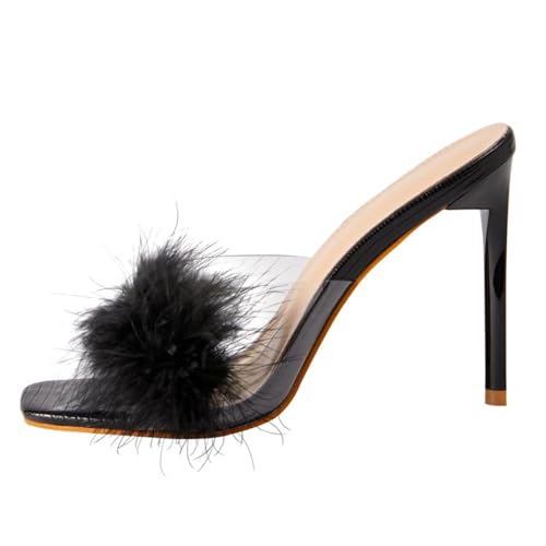 BESPORTBLE Damen Sandaletten mit Dünnem Absatz Flauschiger Dekoration Quadratischer Zehenpartie Transparente Sommerschuhe Modische High Heels für Heiße Tage Komfortabel und Elegant Schwarz von BESPORTBLE