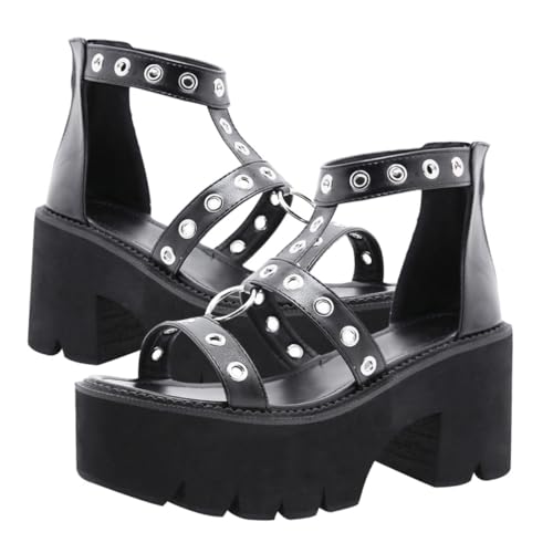 BESPORTBLE Damen Sandaletten mit Metallring und Hohem Absatz Offene Zehen Dicke Sohle Rutschfeste Sommer Sandalen Modische Leichte und Bequeme Schuhe für Alltag und Reisen Schwarz von BESPORTBLE