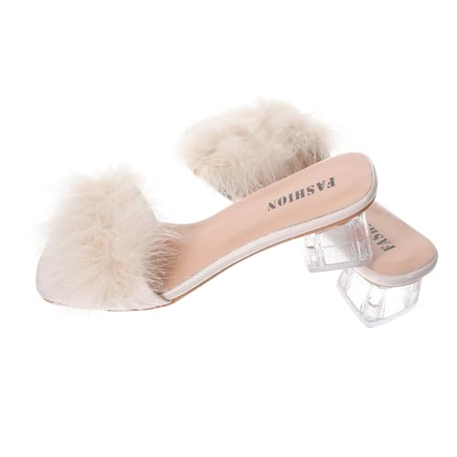 BESPORTBLE Damen Slipper Sommer Offen Zehen Chunky Heel Sandalen Atmungsaktiv PU Gummi Vielseitig Beige Geeignet für Freizeit Indoor Outdoor von BESPORTBLE