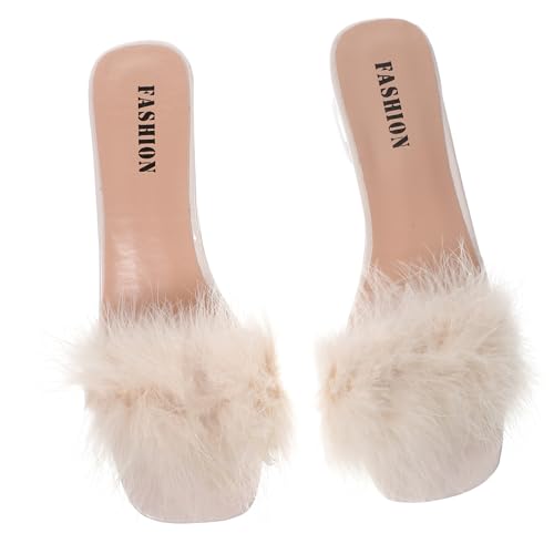 BESPORTBLE Damen Sommer Slipper mit Chunky Absatz Offene Zehen Pantoletten aus PU und Gummi Atmungsaktive Bequeme Hausschuhe für Strand Freizeit und Alltag Beige von BESPORTBLE