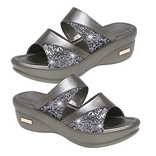 BESPORTBLE Damen Sommer Slipper mit Dicker Keilsohle Offene Zehen Schräger Absatz Fischmaul Pantoletten Graue Casual Hausschuhe für Alltag und Strand von BESPORTBLE