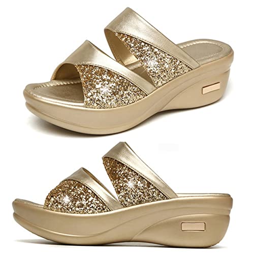 BESPORTBLE Damen Sommer Wedges Slipper mit Dicker Keilsohle Stylische Fischmaul Goldfarbene Casual Sandalen Rutschfest und Geeignet für Outdoor und Strand von BESPORTBLE