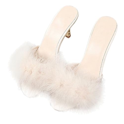 BESPORTBLE Damen Sommerschuhe Flauschige High Heel Slippers Weiß Beige Rutschfeste Sohle Modische Offene Zehen Hausschuhe Für Innen Und Außen von BESPORTBLE