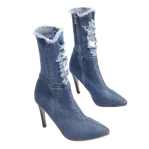 BESPORTBLE Damen Stiefel Denim High Heels Elastisch Schlank Machend Herbst Winter Schuhe Leicht Elegant Komfortabel von BESPORTBLE
