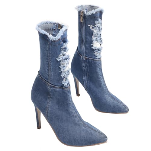 BESPORTBLE Damen Stiefeletten aus Elastischem Denim mit Hohem Absatz Schlankem Design Rutschfest Leicht Modisch für Herbst und Winter und Stilvoll und Elegant von BESPORTBLE