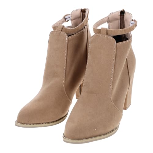 BESPORTBLE Damen Stiefeletten mit Breitem Absatz Modische Kurzschaft Booties für Herbst und Winter Bequeme Rutschfeste Damenschuhe in Apricot Passend zu Röcken und Hosen von BESPORTBLE