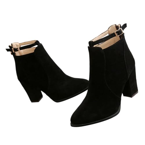 BESPORTBLE Damen Stiefeletten mit Grobem Absatz Schwarze Kurze Winter Booties Modische High Heels Stiefel für Herbst und Alltag und Rutschfest Vielseitig Kombinierbar von BESPORTBLE