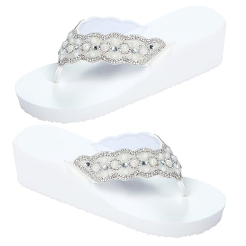 BESPORTBLE Damen Strand Schuhe mit Perlen und Diamanten Rutschfeste Sandalen mit Absatz Weiße Sommerschuhe mit Komfortabler Keilsohle Geeignet für Sommerurlaub und Strandspaziergang von BESPORTBLE