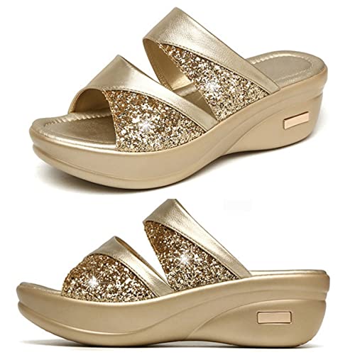 BESPORTBLE Damen Wedgesandalen Sommer mit Dicker Keilsohle Fischmaul Bequeme Outdoor Slipper für Frauen Goldene Farbe Lässige Sommerschuhe von BESPORTBLE