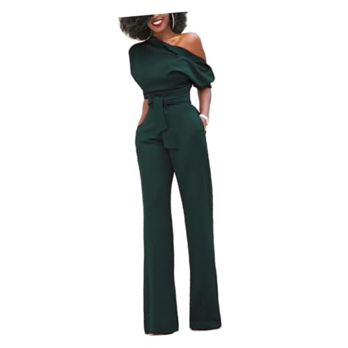 BESPORTBLE Damen Jumpsuit mit Schrägem Kragen und Gürtel Weite Hosenbeine Lässiger Stil für Party und Besondere Anlässe Oliven Grün von BESPORTBLE