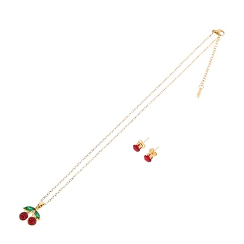 BESPORTBLE Edelstahl Schmuckset Damen Kirsche Halskette Ohrstecker Set Kristallfrucht Design Kettenlänge Schlüsselbein Elegant Hautfreundlich Glänzend von BESPORTBLE