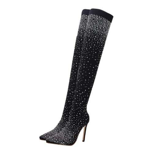 BESPORTBLE Elegante Damen High heel Stiefeletten Schwarz mit Zuspitzter Zehenpartie und Funkelnden Strasssteinen Modische Absatz boots für Party Hochzeit und Alltag Bequeme Herbst von BESPORTBLE