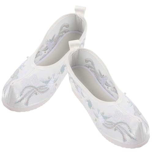 BESPORTBLE Ethnische Damen Hochzeitsschuhe Hochhackige Bestickte Brautschuhe Hanfu Stil Vintage Stoff Weiß Leicht Komfortabel Strapazierfähig Für Hochzeit Geburtstagsfeier Alltag von BESPORTBLE