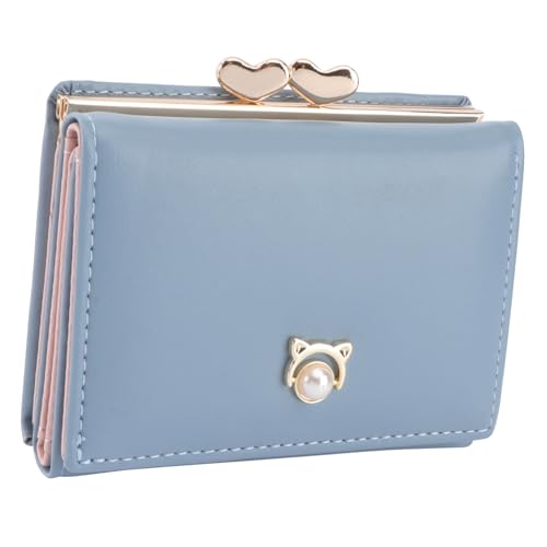 BESPORTBLE Faltbare Damengeldbörse Aus Pu-Kunststoff Kurze Geldbörse Mit Kunstperlendekor Fächer Fach Fotofach Münzfach Blau von BESPORTBLE