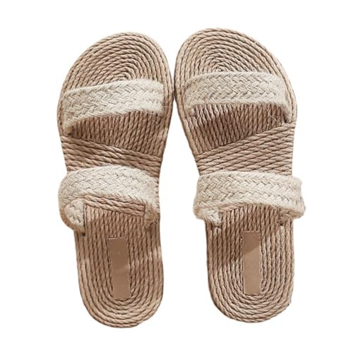 BESPORTBLE Flache Strohsandalen Damen Modische Leichte Sandaletten mit Gewebter Strohsohle Atmungsaktiv Komfortabel für Strand Garten und Alltag Beige von BESPORTBLE