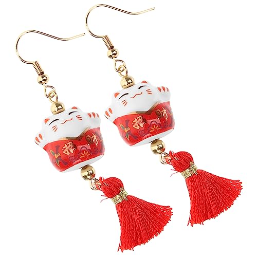 BESPORTBLE Glückskatze Ohrringe Damen Hängend Rote Quasten Schmuck Festival Accessoire Kreativ Leicht Langlebig Passend für Party Alltag von BESPORTBLE