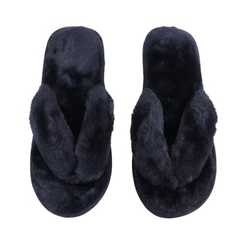 BESPORTBLE Hauspantoffeln Damen Baumwolle Flip flops mit Plüsch Gepolstert Rutschfest Winter Hausschuhe Schwarz Komfortabel Warm Langlebig für Zuhause von BESPORTBLE