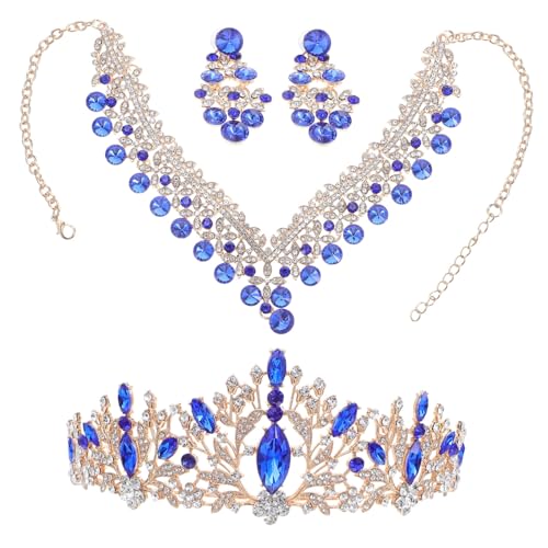 BESPORTBLE Hochwertiges Brautschmuck Set mit Strass Krone Halskette und Tropfenohrringen Komfortabel und Glamourös für Hochzeit Ball und Festliche Anlässe Königliches Design in Champagnerblau von BESPORTBLE